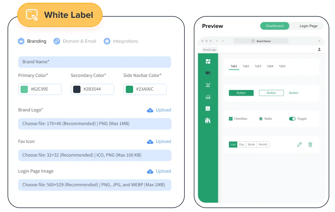 Metricool alternative SocialPilot's White Label settings for brand name, colors, and logo beside a dashboard preview with Login Page tab
