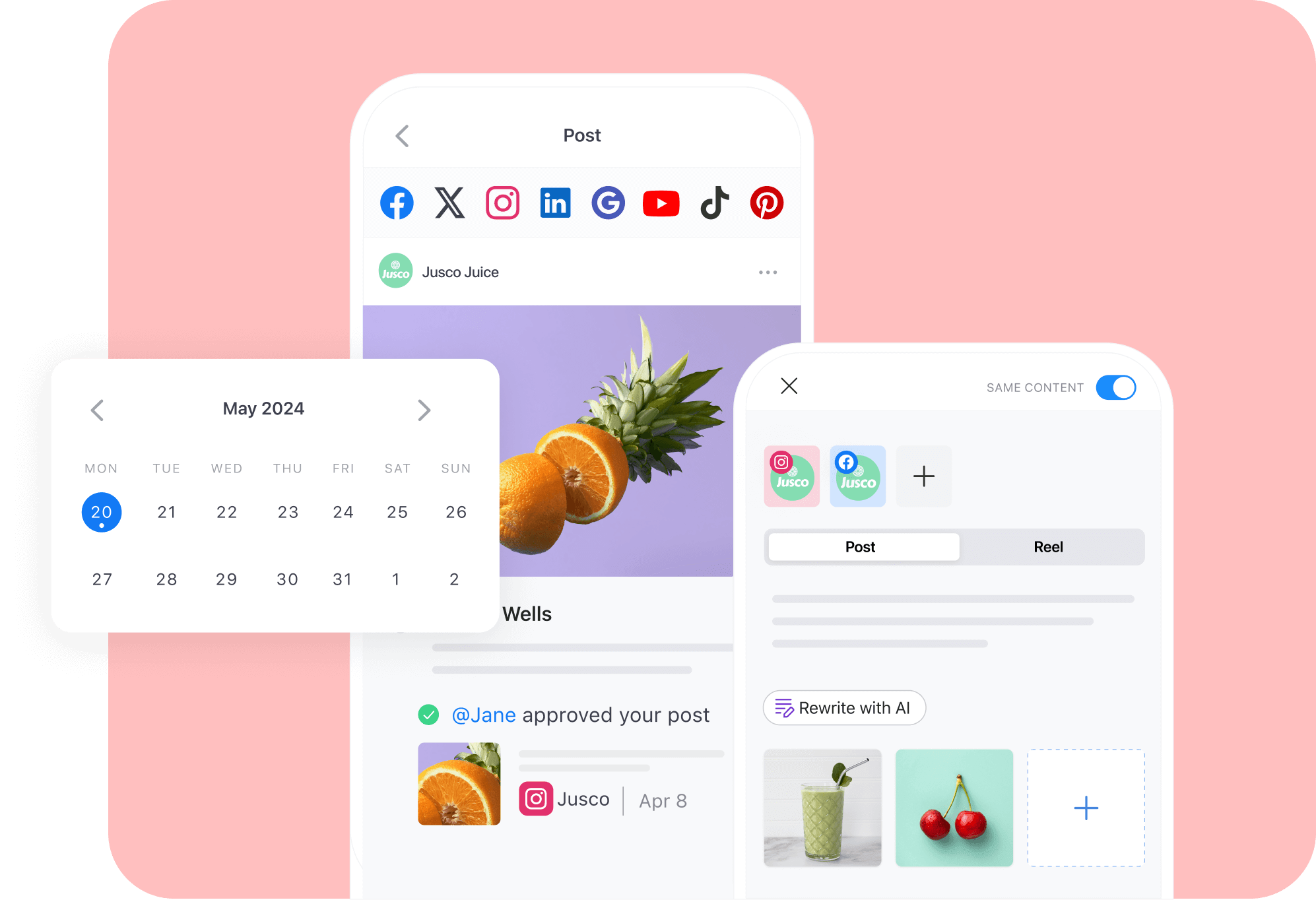 Metricool alternative Planable's post editor with a May 2024 calendar, approval notice, Instagram and Facebook selected, and Rewrite with AI