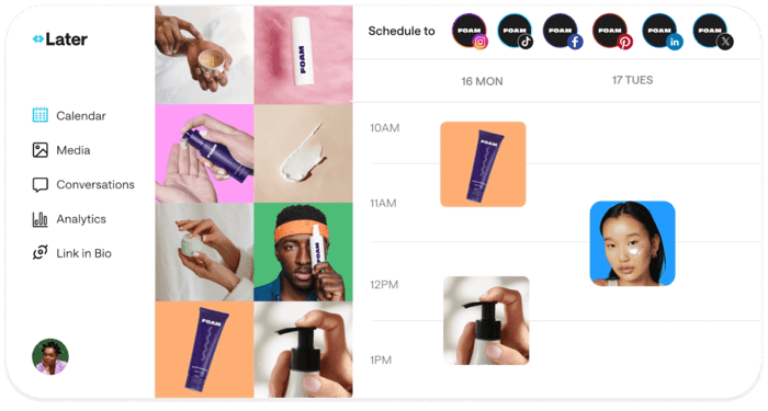 Metricool alternative Later's calendar with a photo library and a Schedule to bar showing Instagram, TikTok, Facebook, and three more channels