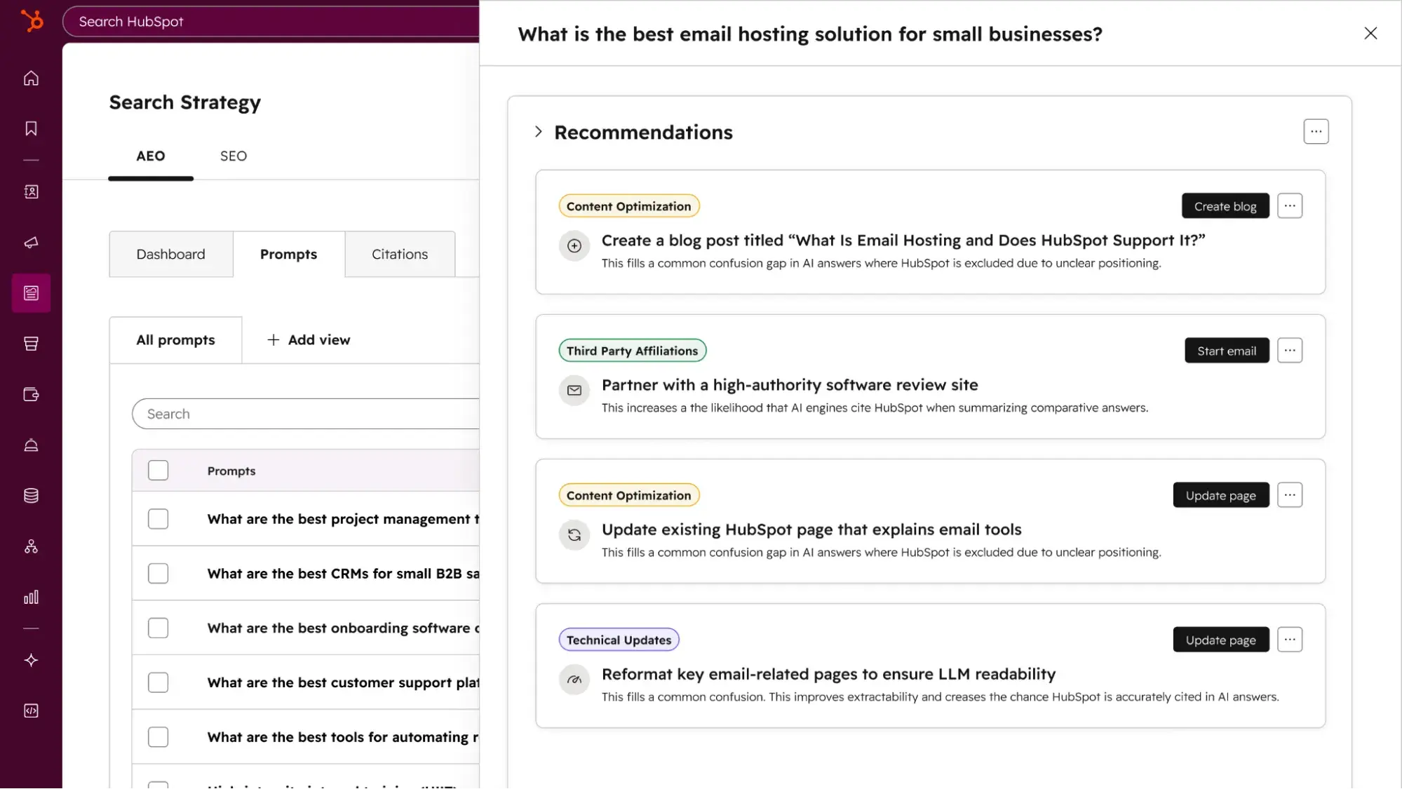 HubSpot AEO interface showing search strategy tabs, prompt list, and recommendations panel for email hosting visibility gaps